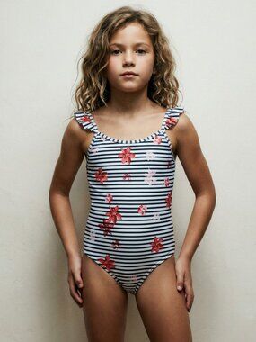 L*Space Kids Navy and Pink Floral Striped Swimsuit